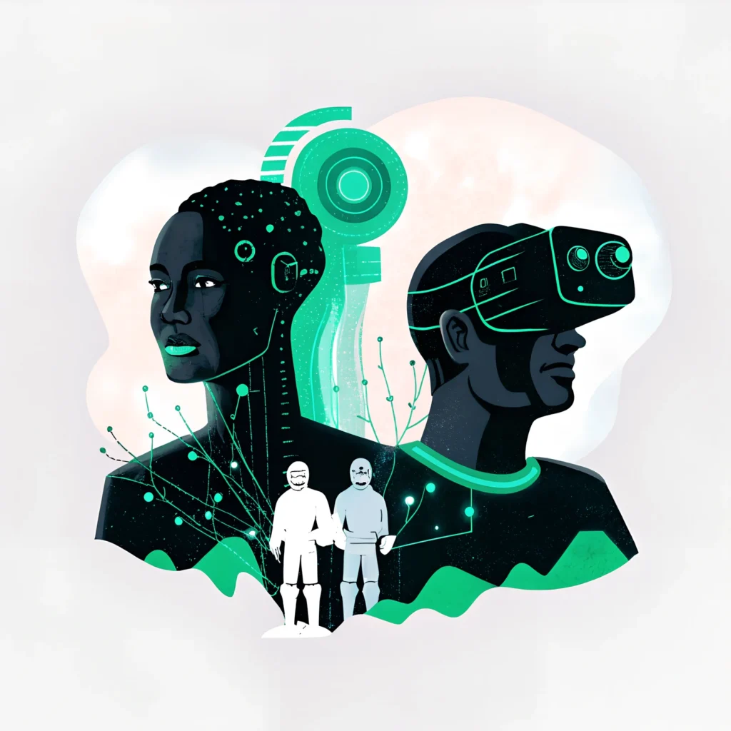 A futuristic digital illustration featuring two stylized human figures, one with cybernetic enhancements and another wearing a virtual reality headset, symbolizing the fusion of artificial intelligence and virtual reality. The image highlights an immersive user experience, where technology and human interaction seamlessly integrate, offering a glimpse into the future of digital innovation.
